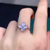 Anillo de Trébol de Cuatro Hojas Plata de Ley Diamante Piedra Lunar Azul Natural Anillo para Mujer Apertura Piedra Principal 4x5mm Regalo de Cumpleaños