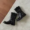 Versión de Piel de Oveja ~ Botas de Moda de Piel de Vaca Botas de Motocicleta Retro Negras Botas Vaqueras de Tacón Bajo para Mujer Botas Cortas con Hebilla de Cinturón de Manga