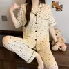Atacado Transfronteiriço Pijamas de Crepe de Algodão Imitação para Mulheres, Verão Doce de Manga Curta e Calça Longa, Caimento Solto, Podem Ser Usados Fora, Conjunto para Usar em Casa