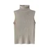 Chaleco de punto de cuello alto azul claro para mujer, moda de principios de otoño, corte ajustado, elástico, versátil, adelgazante, camiseta base sin mangas