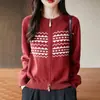 Suéter de Punto Jacquard Bloque de Color Cuello Redondo Otoño/Invierno 2025 para Mujer Nuevo Otoño/Invierno Chaqueta Cardigan de Doble Cremallera con Sentido de Diseño Puro Algodón para Mujer