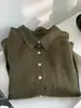 Camisa de manga larga Tencel color verde oliva atmosférico para mujer, con cuello de solapa, un bolsillo, corte holgado, caída fluida, ligera, camisa de verano con protección solar