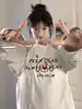Camiseta de Manga Larga con Estampado de Letras Chic Coreano, Empalme de Color Contrastante, Moda Versátil Casual Perezoso, Top de Cuello Redondo Ins