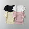 Design Bow Short-sleeved T-shirt Women's 2024 Summer New Pure Sweet and Spicy Square Collar Bag Slim-fit Plissado Top