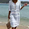 Novo Vestido Longo Listrado com Gola V Franzida e Botões, Estilo Casual da Moda para o Dia a Dia e Trabalho Feminino, Estilo Verão 2026