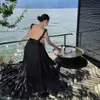 Vestido de Verão Verde Elegante de Alta Qualidade com Costas Nuas e Gola Alta Estilo Francês Puro Sexy com Fenda Longa para Mulheres