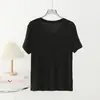 Camiseta Fina Feminina de Manga Curta com Decote em V, Malha Elástica, Ajuste ao Corpo, Cor Sólida, Mistura de Seda de Amora e Caxemira, Camada Base Versátil Emagrecimento