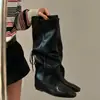 Botas Cuadradas Retro con Tacón Cuadrado para Mujer 2026 Otoño Invierno Aumento Oculto de Altura Botas Largas de Cuero con Pliegues en Pantorrilla Ancha Botas de Jinete