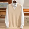 Camiseta base quente casual e simples sem mangas, novo suéter de cashmere masculino outono e inverno gola V, suéter de tricô