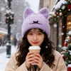 Gorro de Punto con Orejas de Gato Nuevo Transfronterizo Gorro de Lana Bordado Lindo Cálido de Otoño e Invierno Gorro Jersey Comercio Exterior Gorro para el Frío