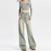 Jeans de Cor Clara para Mulheres, Estilo High Street, Perna Larga, Novo 2025, Cintura Alta, Soltos, Afinando, Retrô, Caimento Drapado, Reto, Comprimento até o Chão
