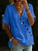 Roupas femininas Amazon europeias e americanas transfronteiriças, design vintage, camiseta de algodão e linho com botões diagonais e decote V, top casual solto de manga curta