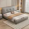 Cama de Couro Minimalista Italiana para Quarto Principal, Cama de Casal Elegante, Cama Estofada de Tecido 1,8m, Cama de Casamento em Madeira Maciça