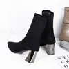 Botas negras cálidas de una línea para mujer, tacones altos cómodos y elegantes de punta fina, zapatos planos casuales de tacón grueso para mujer