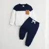 Conjunto Canelado Color Block para Bebês e Crianças Pequenas Meninos Gola Redonda Top de Cor Contrastante Calça Jogger Outono Inverno Conjunto de Duas Peças