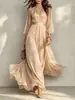 Moda europea y americana para mujer 2026, estilo popular transfronterizo, color liso, moderno, de malla, de encaje, con mangas abullonadas, vestido largo