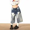 Jeans Sete Pontas Soltos com Design Desgastado Degradê para Homens e Mulheres Calças Largas Retas Estilo Retro Americano Verão