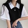 Playera de Manga Corta con Cuello Polo Falso de Dos Piezas para Mujer Verano Nuevo Estilo Coreano Estilo Preppy Color en Contraste Holgada Casual Versátil Top de Moda