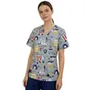 Blusa de Uniforme Estampada con Cuello en V para Mujer, Elástica de Secado Rápido, Uniforme para Salón de Peluquería de Mascotas, Doctor, Enfermera, Manga Corta
