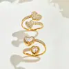 Anillo de Acero Inoxidable Chapado en Oro para Mujer, Estilo INS, Anillo de Dedo Índice de Alta Gama, Corazón Cruzado, Trébol de Cuatro Hojas, Completamente con Circonita