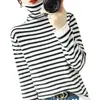 Suéter de otoño transfronterizo, nuevo estilo, bloques de color, rayas, cuello alto enrollado, sencillo, corte ajustado, rejuvenecedor, ropa interior para mujer