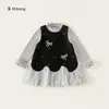 Conjunto Bangxuan para Meninas com Gola Babado, Camada Base de Malha, Vestido Colete, Conjunto de Duas Peças para Crianças 2026 Roupas de Outono para Crianças Pequenas