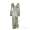 Vestido Largo de Manga Larga con Volantes, Escote en V, Estampado Floral, Delgado y Sexy para Mujer, Moda de Comercio Exterior Europeo y Americano