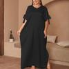 Roupas Femininas Plus Size Transfronteiriças, Vestido Longo Liso de Gola Redonda com Laço e Fenda, Roupão Solto, Vestido Elegante e Confortável