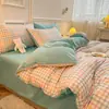 Confortável Conjunto de Roupa de Cama de Algodão Puro Lavado à Água para Quatro Estações Conjunto de Três Peças para Dormitório Estudantil Lençol de Cama Capa de Edredom Estilo Lençol com Elástico 4