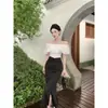 Conjunto de Moda Francesa 2024 Verão Novo Top com Gola Bardot Saia Longa com Fenda Cauda de Peixe Conjunto de Duas Peças para Mulheres