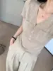 Camiseta de punto de lino con cuello en V y manga corta para mujer, estilo Old Money, para verano, top elegante de alta gama ajustado con un corte favorecedor