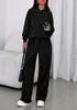 Moda Casual Deportiva Transfronteriza Europea y Americana Otoño e Invierno Conjunto de Dos Piezas Sudadera de Manga Larga Suelta de Color Puro Pantalones de Pierna Ancha para Mujer