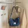 Bolsa de ombro em jeans lavado retrô, grande capacidade, bolsa transversal casual, bolsa estilo bolinho para estudantes, nova coleção primavera 2026
