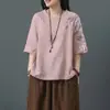 Blusas de Algodón y Lino para Mujer, Bordado Delgado de Estilo Étnico de Verano, Talla Grande Sueltas Artísticas Retro Traje Estilo Chino Camisas para Mujer