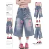Calça jeans cropped feminina com estampa graffiti retrô americana, novo estilo de verão, modelagem solta, tamanhos grandes, shorts retos de perna larga de 7/8