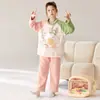 Pijama de Franela Cálido de Dibujos Animados para Niñas de Invierno, Ropa de Casa para Niños, Cuello Redondo, Forro Polar, Engrosado, Conjunto de Ropa de Dormir de Manga Larga