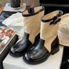 Estilo novo de 2026, com sola plataforma, botas Martin de lona retrô, bico redondo, tornozeleiras de salto grosso, feminino color block, botas de salto empilhado, botas western