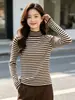 Suéter de punto de lana hilada con núcleo a rayas para mujer, nuevo estilo otoño e invierno, top de manga larga con cuello medio alto, capa base gruesa