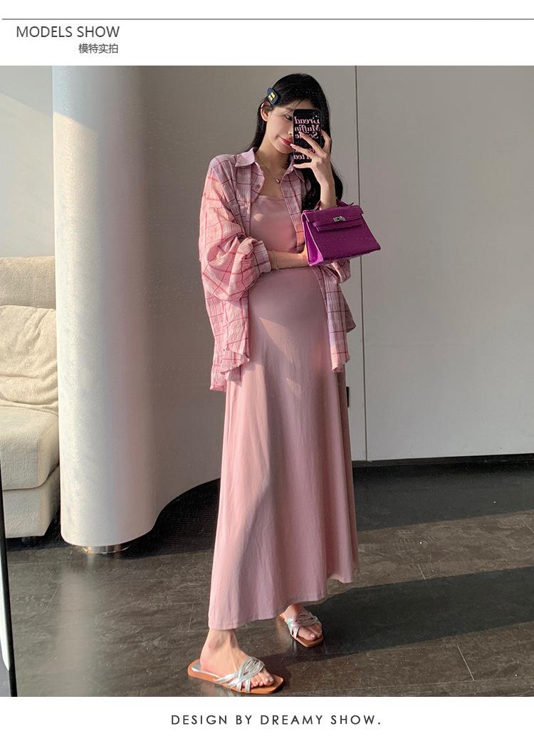 孕妇新品韩版时尚宽松格子衬衫粉色吊带裙两件套