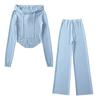 Suéter corto de punto de manga larga con capucha para principios de otoño de 2023 + traje de pantalón recto holgado casual de pierna ancha con cordones