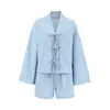 2026 Europeu e Americano Transfronteiriço Algodão Puro Branco Solto Casual Confortável Feminino Roupa de Casa Manga Longa Calça Longa Pijama Conjunto de Duas Peças