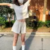 Shorts Casuais de Algodão Azul Marinho Estilo Americano para Mulheres, Verão Cintura Alta Perna Larga Emagrecedor Hot Pants