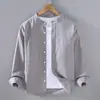 9626 camisa de algodón y lino de primavera para hombre de manga larga con cuello mao chino bolsillo simple cómoda camisa de lino chaqueta casual