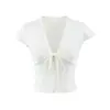 Camiseta Curta Purely Sexy com Decote V Profundo, Patchwork de Renda e Amarração, Manga Curta, Novo Top Verão Slim Fit Hot Girl para Mulheres