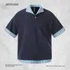 Camiseta de Manga Corta con Cuello Polo y Patchwork a Cuadros Falso Dos Piezas para Hombre, Estilo Verano, Corte Holgado, Tendencia Casual, Top de Media Manga Color Block