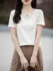 Nuevo Estilo Primavera y Verano 2026 para Mujer, Suéter de Punto Corto de Manga Corta, Color Sólido, Cuello en V Rizado, Holgado, Casual, Pulóver de Algodón, Camiseta Estilo Coreano