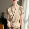 Camiseta de Estilo Retro Francés de Lujo Antiguo Estilo Old Money con Pliegues Cruzados para Mujer, Nueva Moda de Verano, Elegante Cuello en V de Manga Corta con Diseño Adelgazante