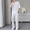 Conjunto casual, camisa polo retro americana, camiseta de manga corta, pantalones largos, conjunto de seda helada moderno de corte holgado para hombre, estilo verano