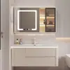 Gabinete Lateral Inteligente Combinado de Madera Maciza Estilo Crema de Lujo Ligero Gabinete de Baño con Lavabo Cerámico Integrado