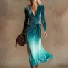 Vestido Transfronteiriço Novo Estilo com Decote em V e Mangas Longas com Elementos de Impressão Digital 3D, Saia Fashion e Personalizada para Marcar a Cintura para Mulheres